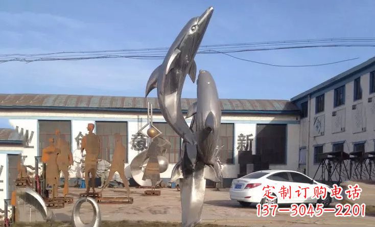 西安不锈钢海豚嬉戏雕塑 (2)