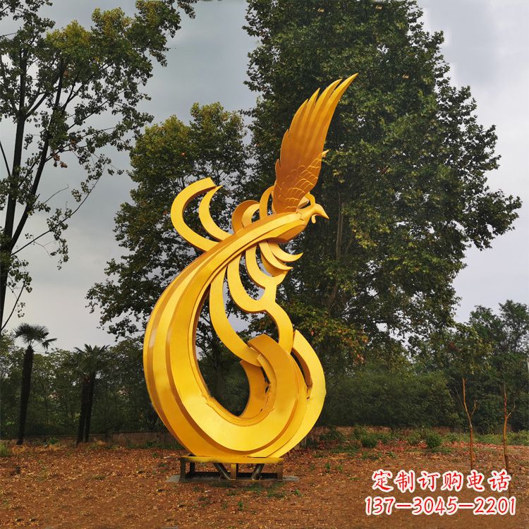 西安不锈钢漆金凤凰雕塑-黄金色园林动物景观雕塑