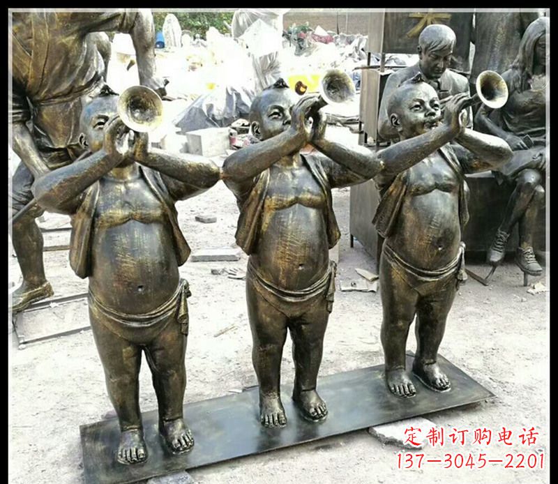 西安吹唢呐的儿童铜雕