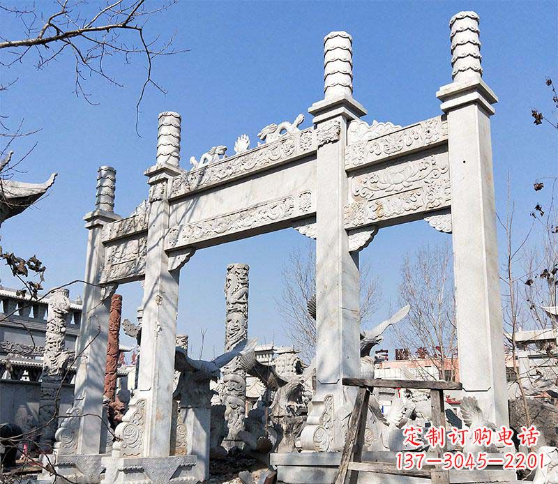 西安村口三门石牌坊石雕 (2)