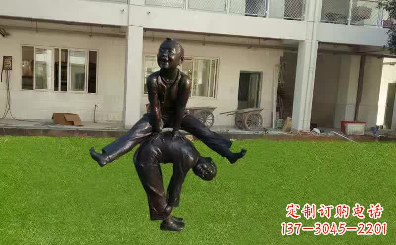 西安卡通青少年跳马铜雕塑