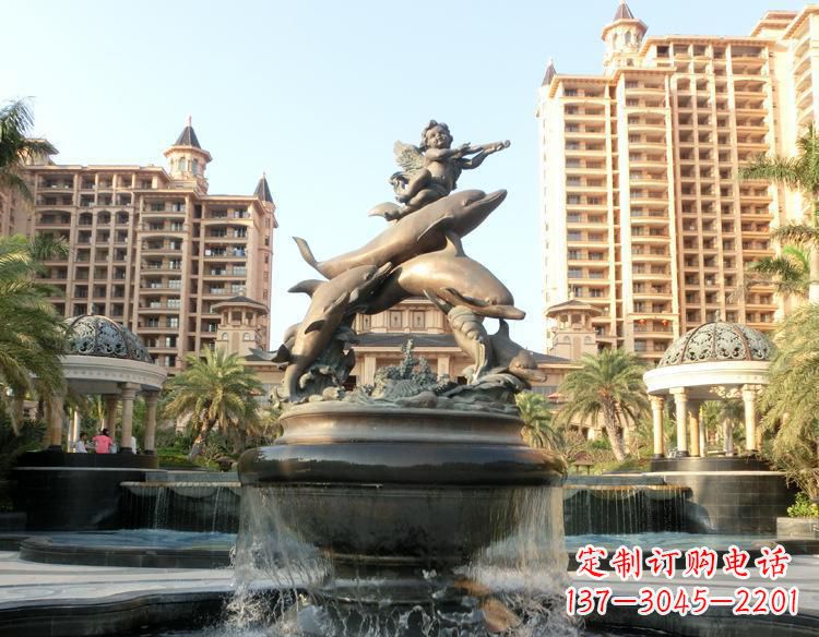 西安跳跃的海豚和小天使喷泉铜雕
