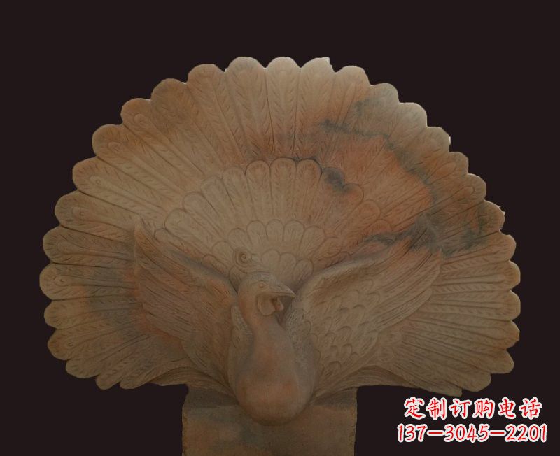 西安晚霞红开屏孔雀石雕