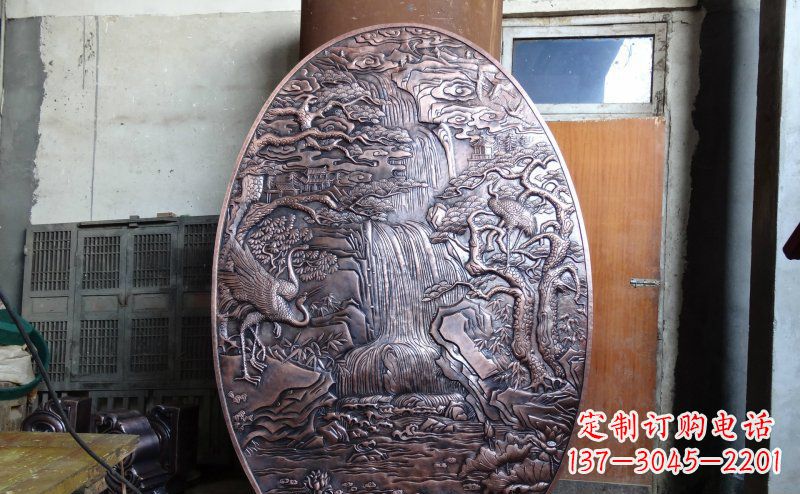 西安仙鹤松林瀑布古代园林景观铜浮雕