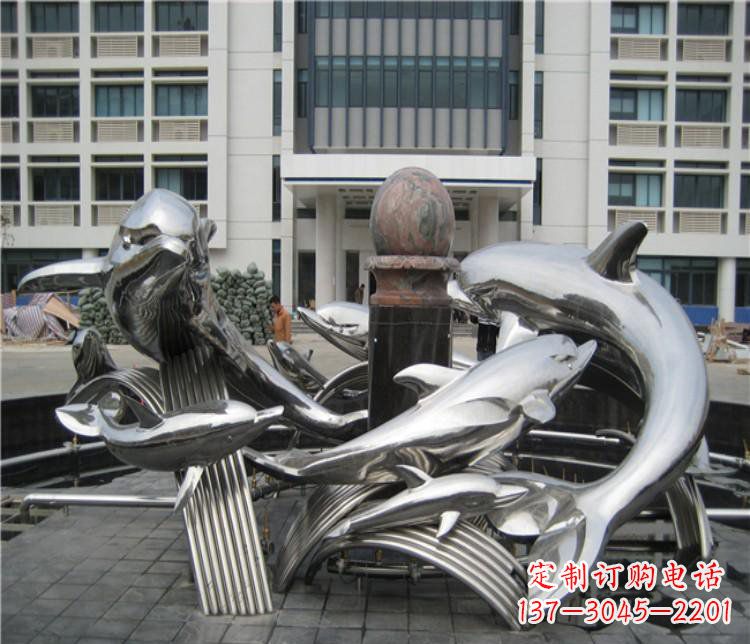 西安校园不锈钢海豚海浪雕塑