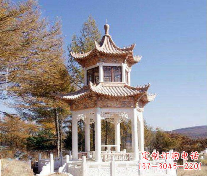 西安园林景观晚霞红双层石雕凉亭 (3)