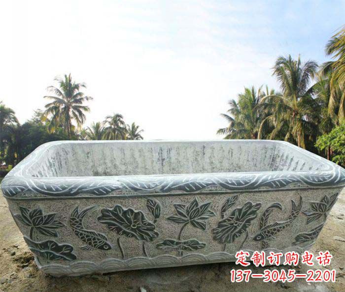 西安长方形连年有余荷花浮雕石水缸